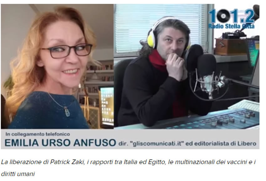 Emilia Urso Anfuso intervistata da Mario Michele Pascale parla  della liberazione di Patrick Zaki, i rapporti tra Italia ed Egitto, le multinazionali dei vaccini e i diritti umani